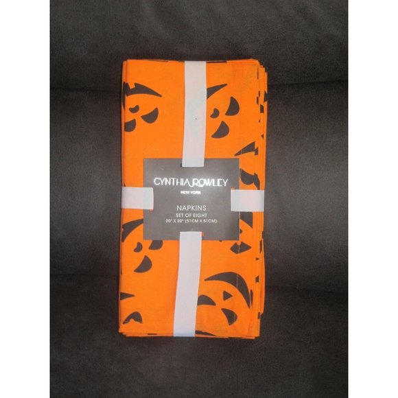 Cynthia Rowley Orange Black PUMPKIN Faces Halloween Cotton 20" Napkins Set of 8 - Picture 1 of 2